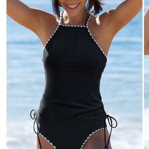 Black Halter Tankini with White Trim